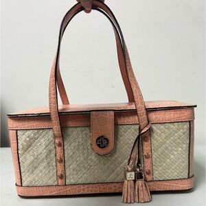 Liz Claiborne Woven Purse Makeup Bag Coral & Tan Hard Inner Shell & Mirror